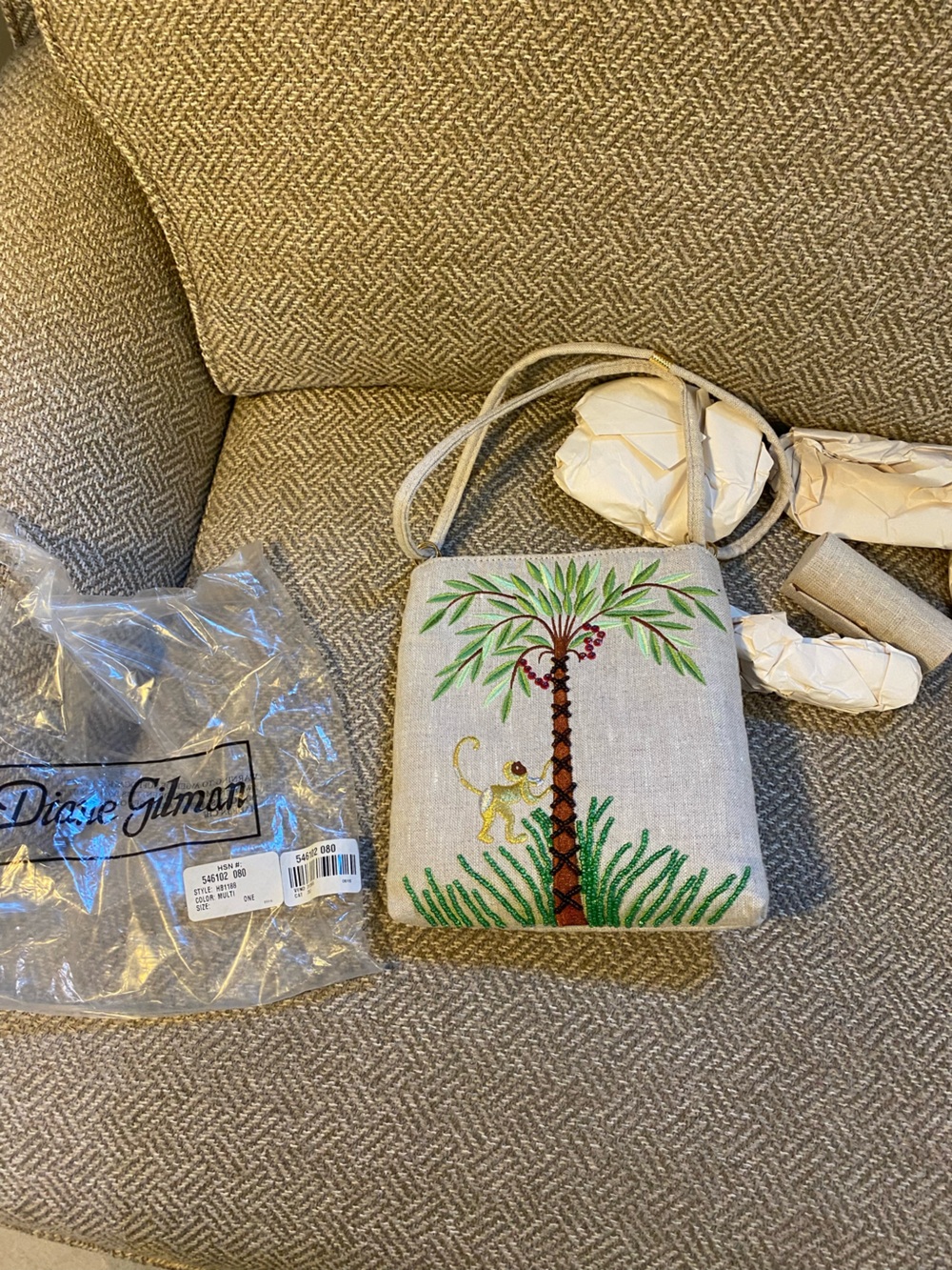 Diane Gilman linen small purse embroidered monkey palm tree and colorful beads